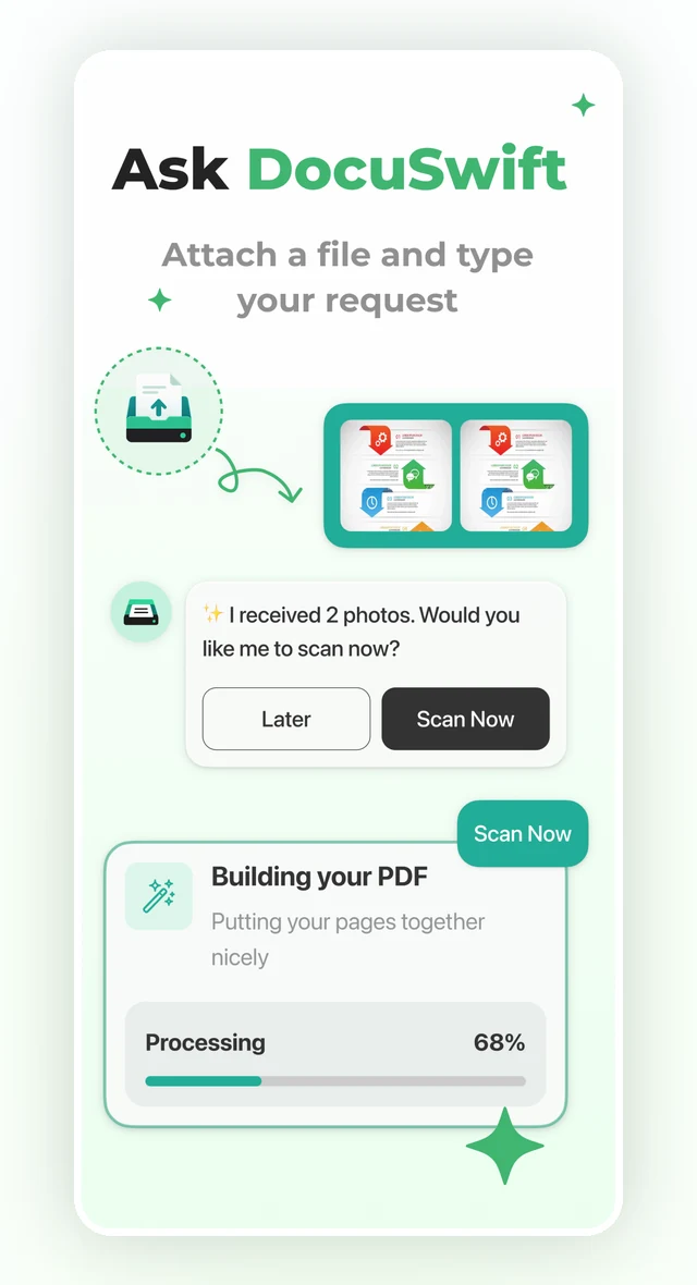 DocuSwift chat-style workflow for attaching files and scanning documents